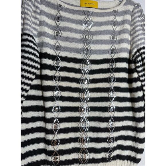 St. John Sequined Striped Sweater Size S Black White Made in USA - Picture 2 of 9